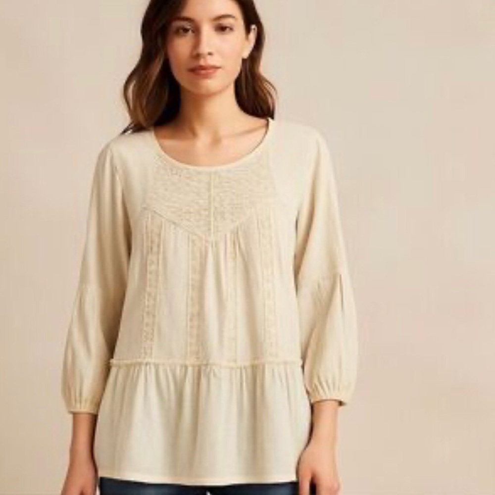 Adiva Peasant Tunic Top Size M Cream Eyelet Bohemian Cowgirl 70s Relaxed Hippie‎